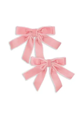 2 PACK VELVET DOUBLE BOW HAIR CLIPS - peony pink