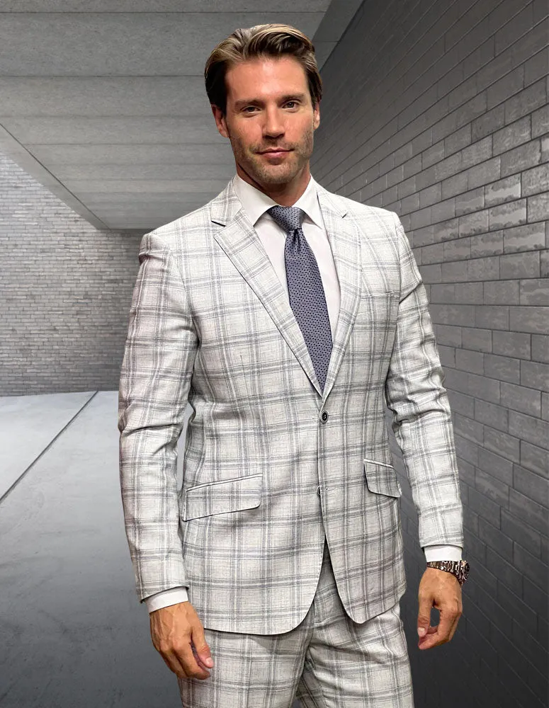 2Pc Plaid Italian Wool Suits. Super 200\'S. Modern Fit Flat Front Pants| PORTO-7| Natural