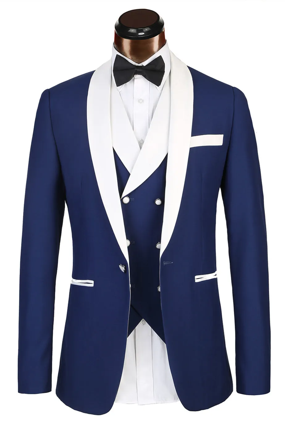 3 Piece Classic White Lapel Edge Banding Formal Blue Men's Suit For Wedding