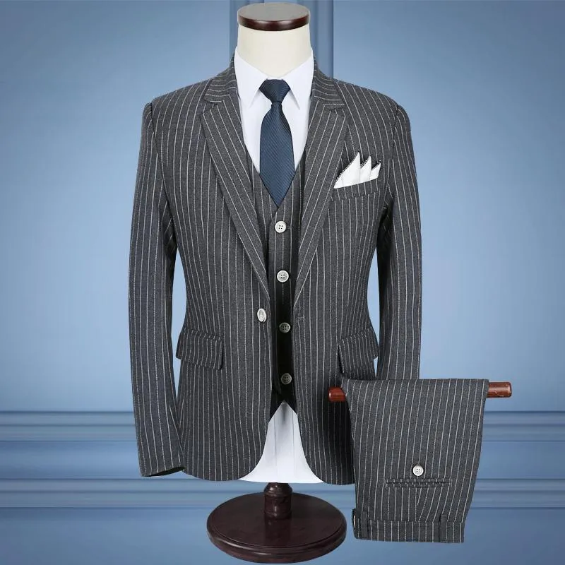 3-Piece Men's Suits Slim Fit 1-Button Suits Striped Suits