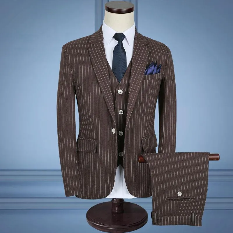 3-Piece Men's Suits Slim Fit 1-Button Suits Striped Suits