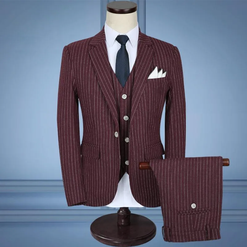 3-Piece Men's Suits Slim Fit 1-Button Suits Striped Suits