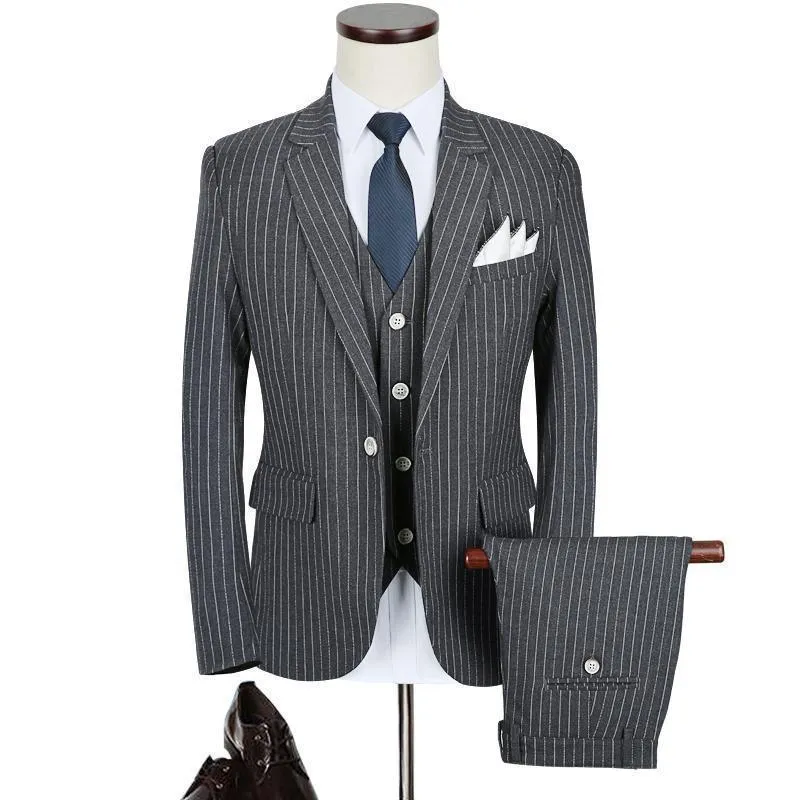 3-Piece Men's Suits Slim Fit 1-Button Suits Striped Suits