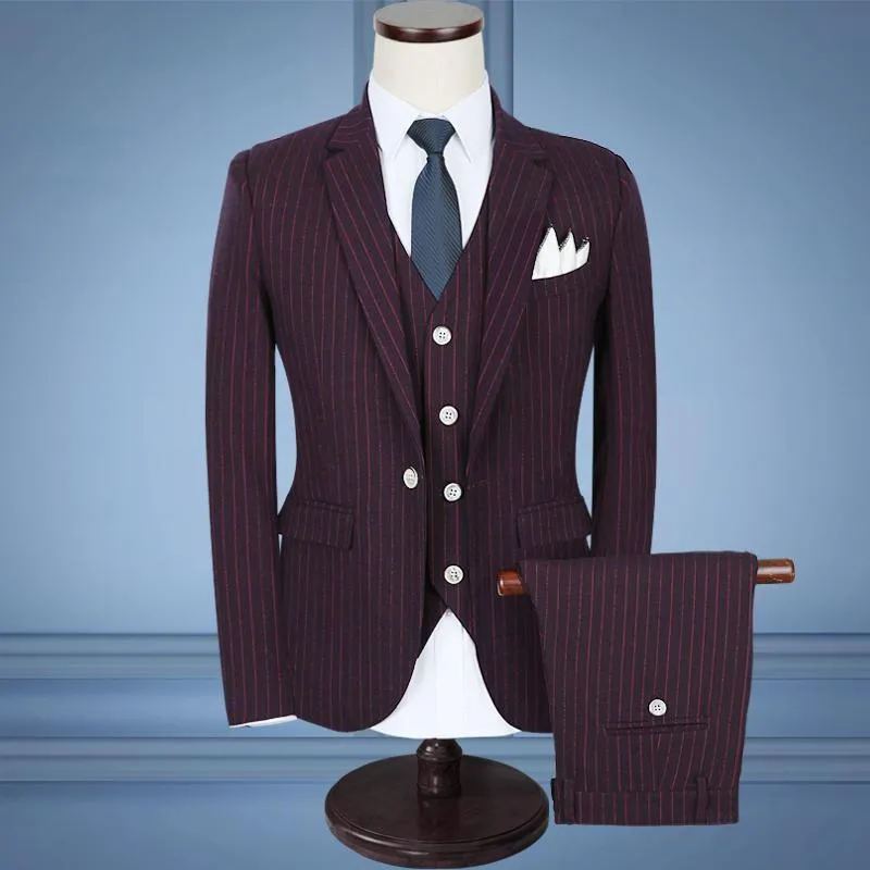 3-Piece Men's Suits Slim Fit 1-Button Suits Striped Suits