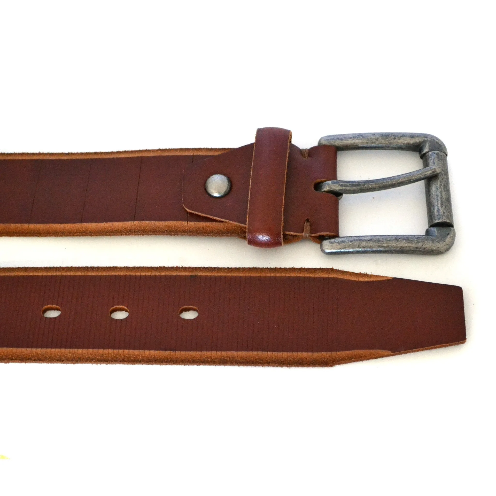 AARON - Mens Tan Genuine Leather Belt with Antique Silver Buckle
