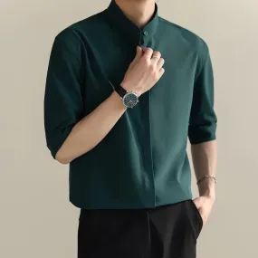 Aidase Men's Stand Collar Draped Shirts Vintage Casual Button-down Half Sleeve Shirts for Men Leisure Solid Color Luxury Clothing