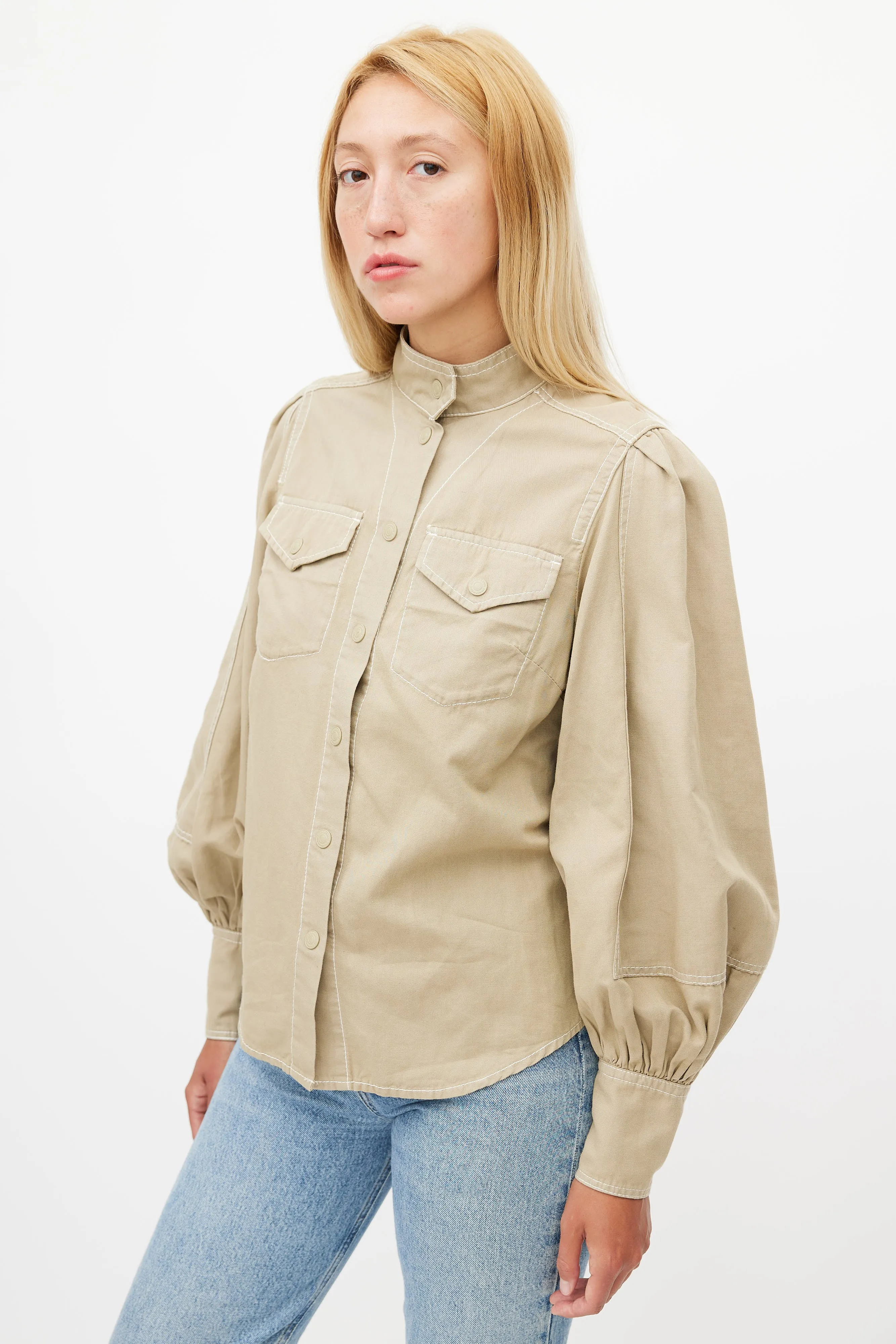 Beige Contrast Stitch Shirt
