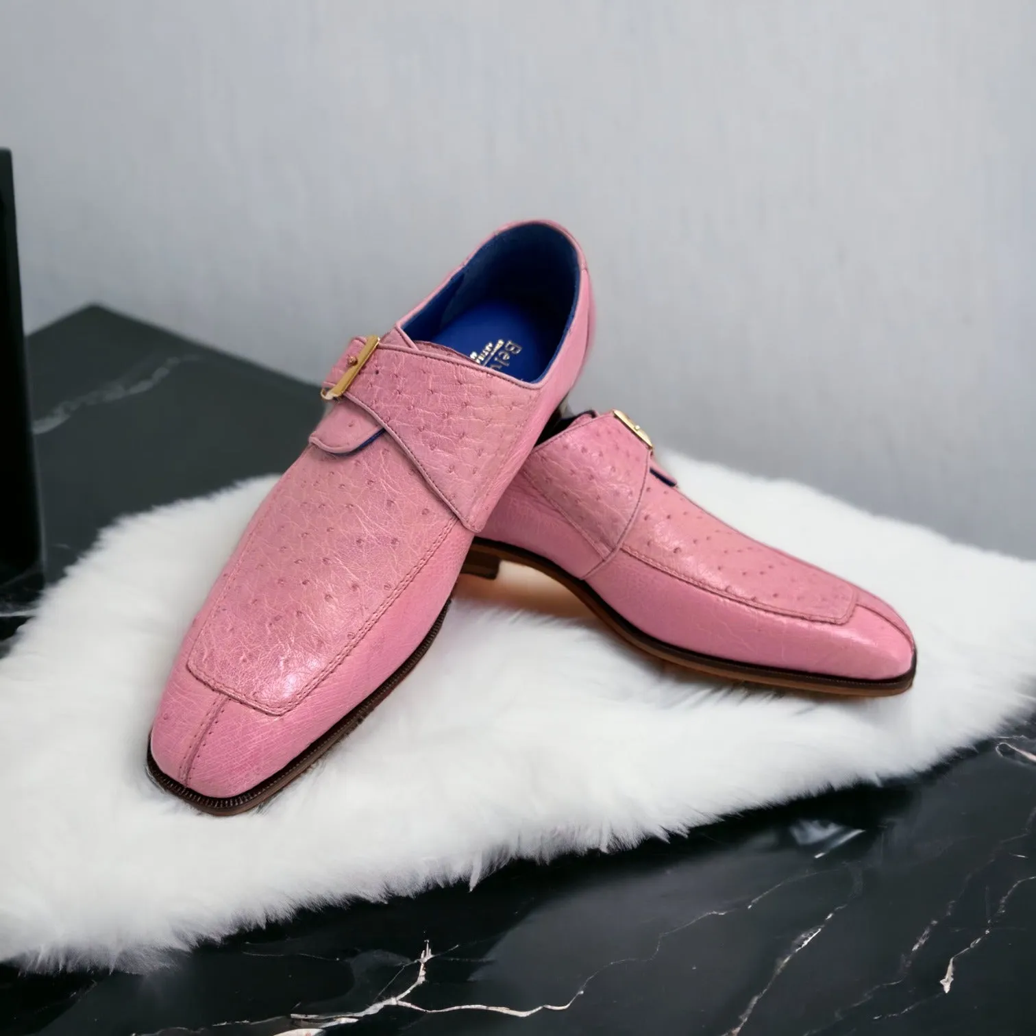 Belvedere Josh 114011 Men's Shoes Rose Pink Genuine Ostrich Split-Toe Monk-strap Loafers (BV3140)