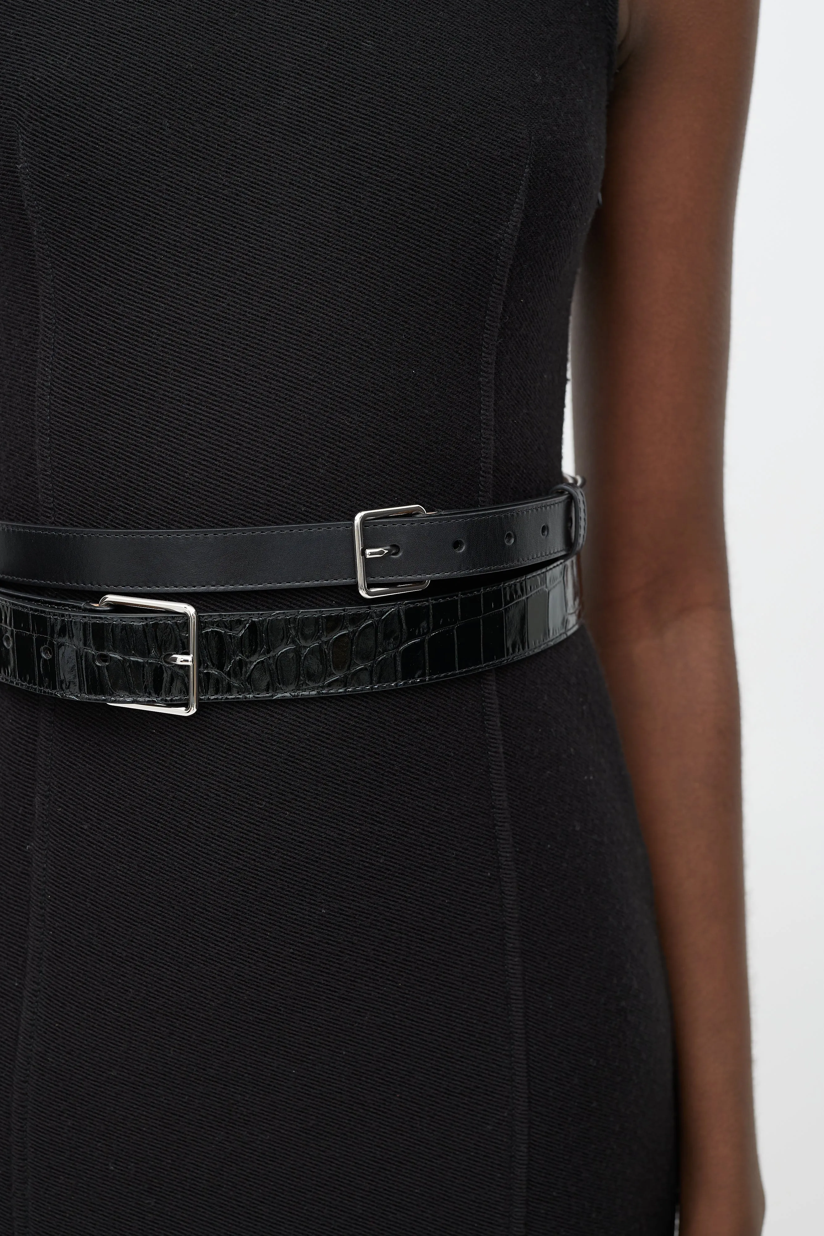 Black Embossed & Smooth Leather Double Belt