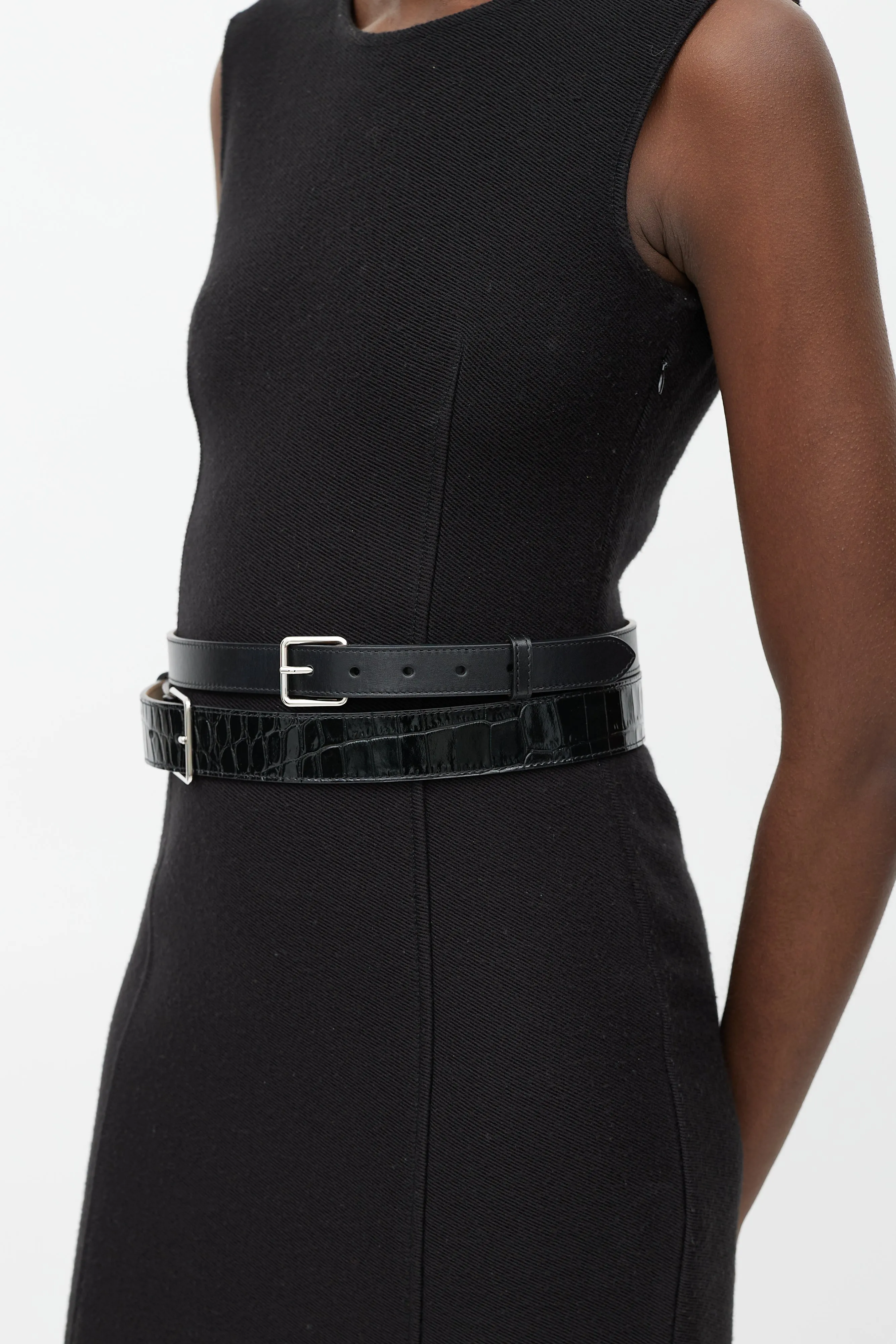 Black Embossed & Smooth Leather Double Belt