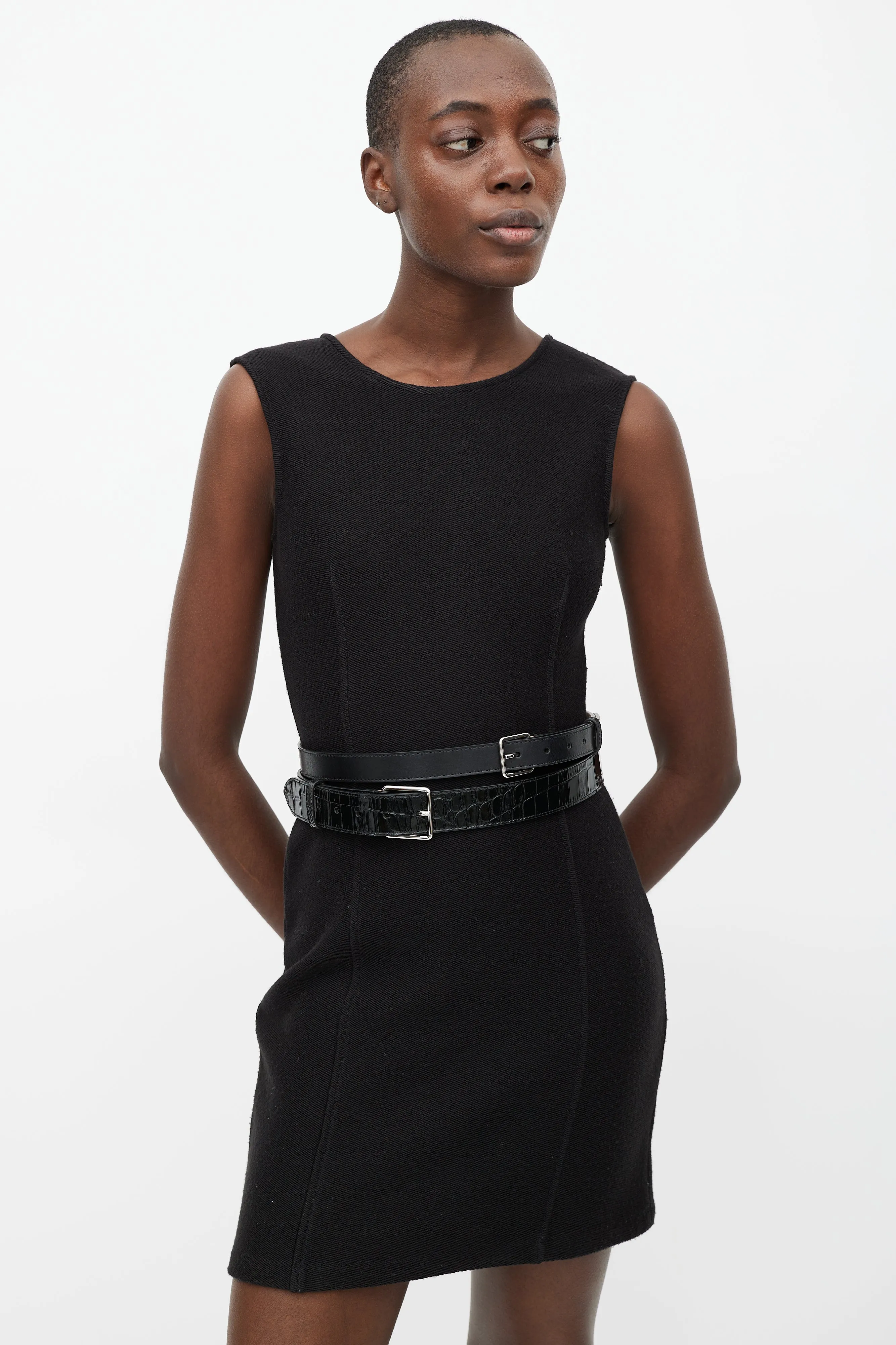 Black Embossed & Smooth Leather Double Belt