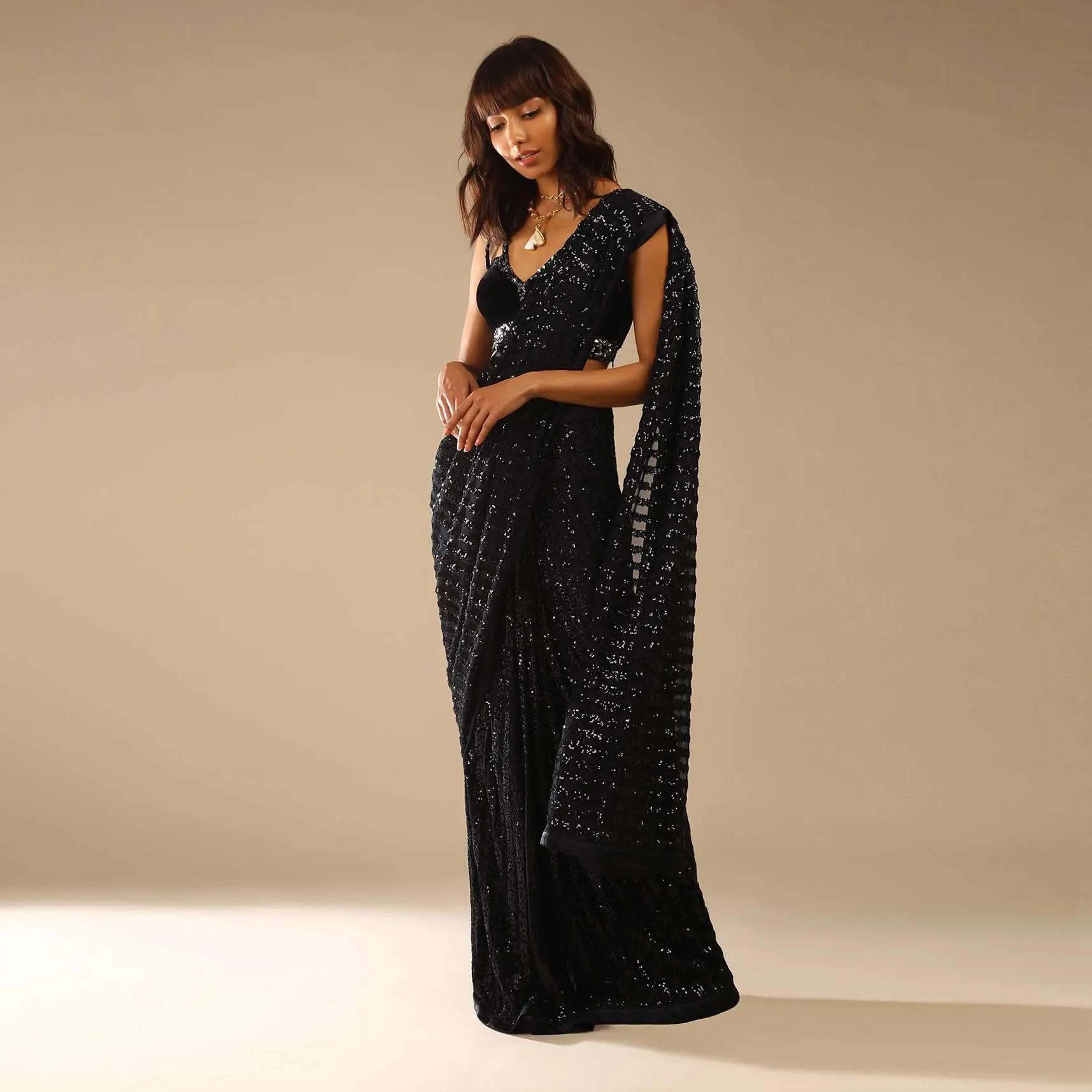 Black Ready Pleated Saree Embellished In Sequins And Sleeveless Velvet Blouse With Cut Out Detailing
