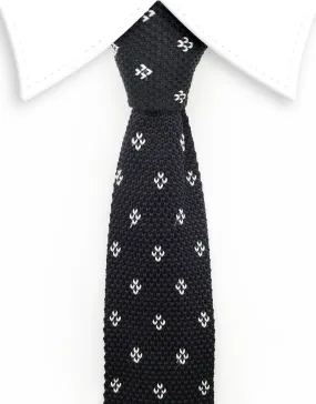 Black Skinny Knitted Tie with White Motif