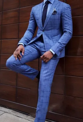 Blue Windowpane Check Suits Men for Wedding,Prom ,Business 2 Pieces