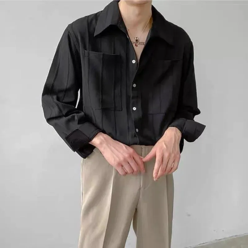 Bonsir Spring Casual Solid Color Handsome Temperament Men's Clothing Lapel Single-breasted Spliced Pocket Folds Korean Version Shirt