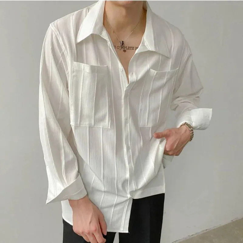 Bonsir Spring Casual Solid Color Handsome Temperament Men's Clothing Lapel Single-breasted Spliced Pocket Folds Korean Version Shirt