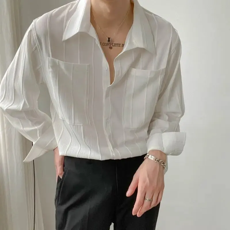 Bonsir Spring Casual Solid Color Handsome Temperament Men's Clothing Lapel Single-breasted Spliced Pocket Folds Korean Version Shirt