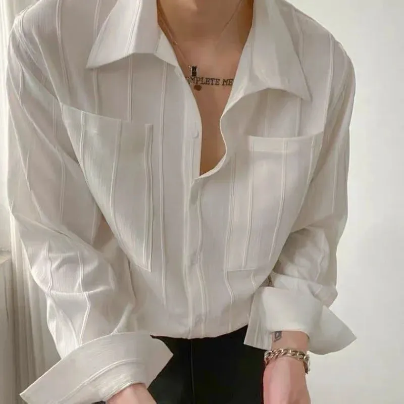 Bonsir Spring Casual Solid Color Handsome Temperament Men's Clothing Lapel Single-breasted Spliced Pocket Folds Korean Version Shirt