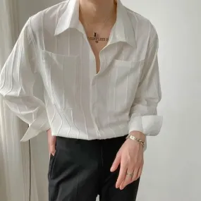 Bonsir Spring Casual Solid Color Handsome Temperament Men's Clothing Lapel Single-breasted Spliced Pocket Folds Korean Version Shirt