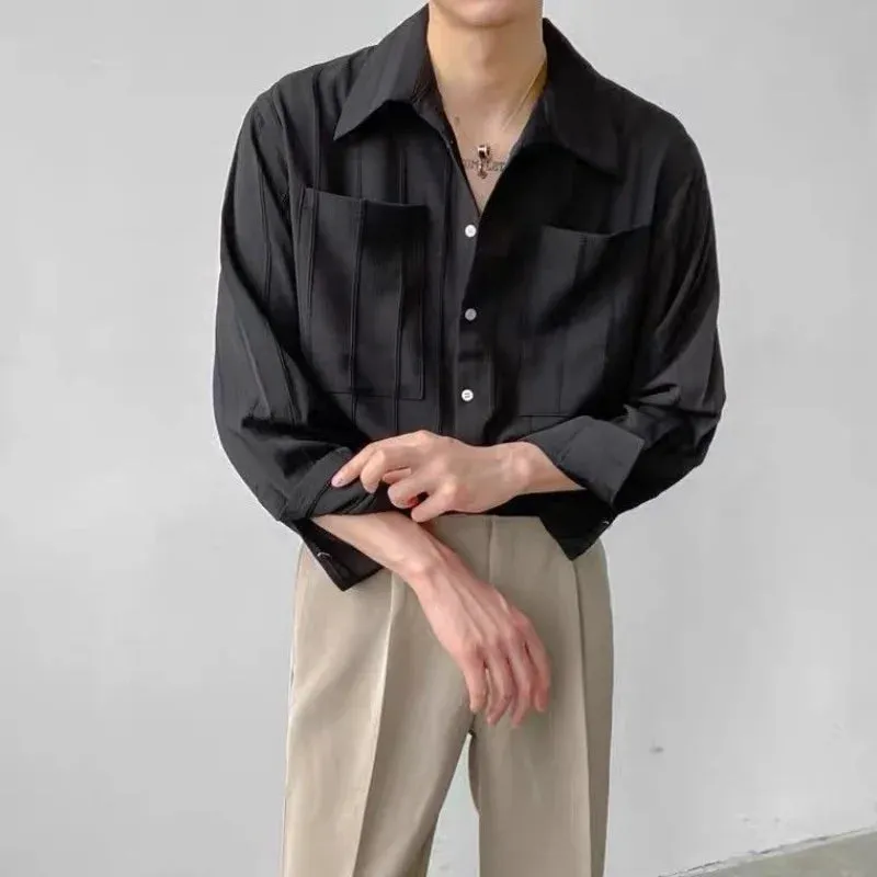 Bonsir Spring Casual Solid Color Handsome Temperament Men's Clothing Lapel Single-breasted Spliced Pocket Folds Korean Version Shirt