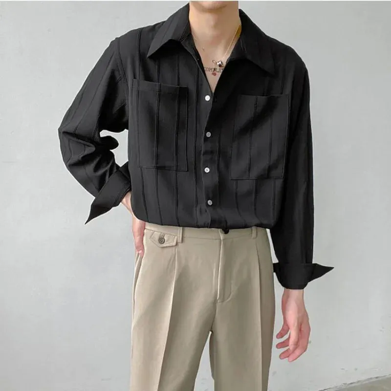 Bonsir Spring Casual Solid Color Handsome Temperament Men's Clothing Lapel Single-breasted Spliced Pocket Folds Korean Version Shirt