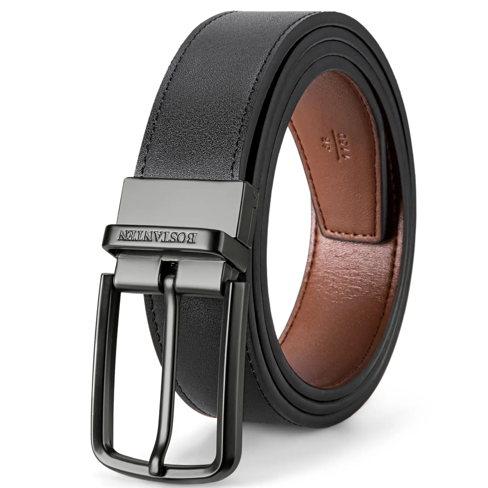 BOSTANTEN Belt Men Leather Reversible Belts for Men 1 3/8" for Casual Golf Dress Pants, Two-in-One Belt Gift