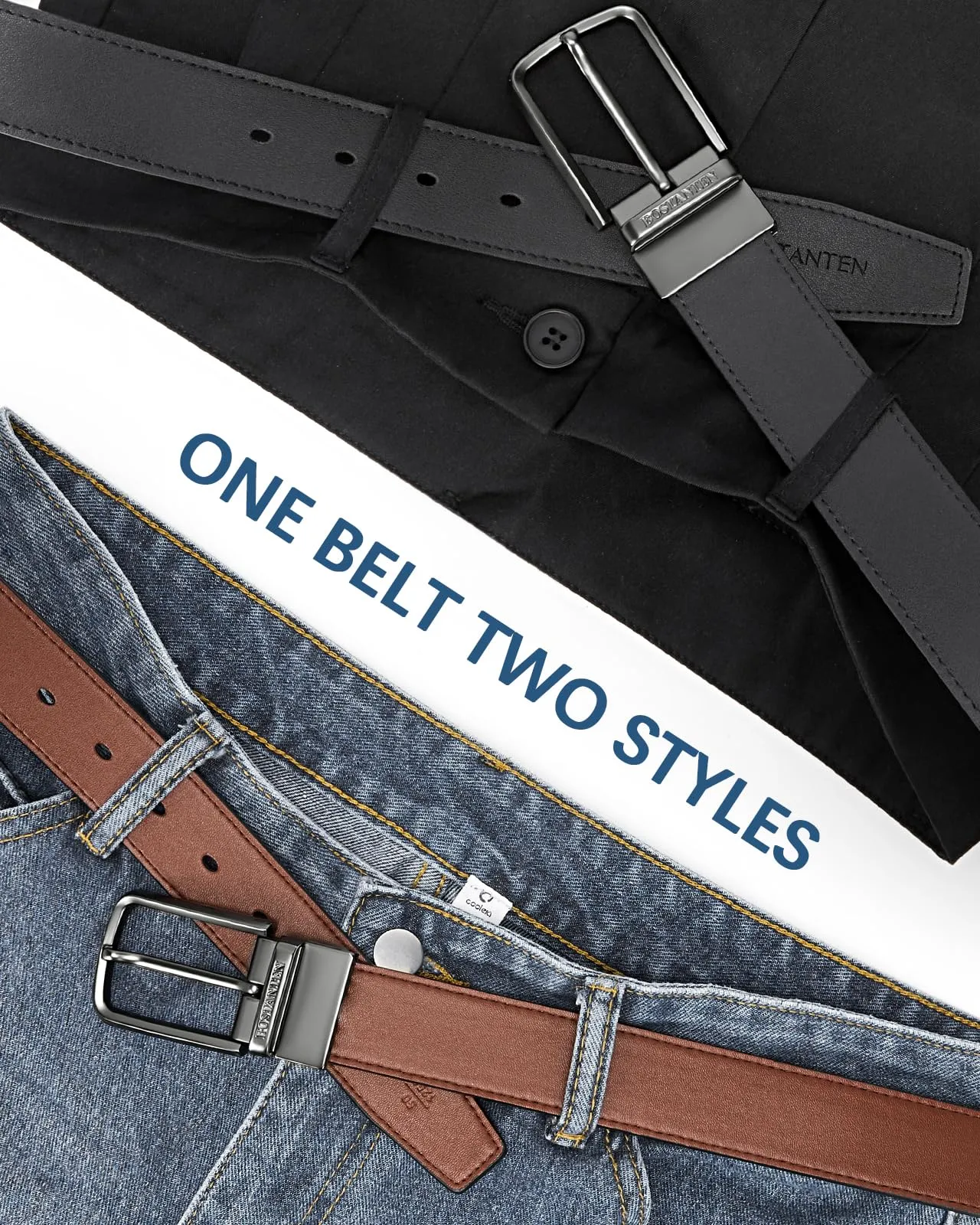 BOSTANTEN Belt Men Leather Reversible Belts for Men 1 3/8" for Casual Golf Dress Pants, Two-in-One Belt Gift