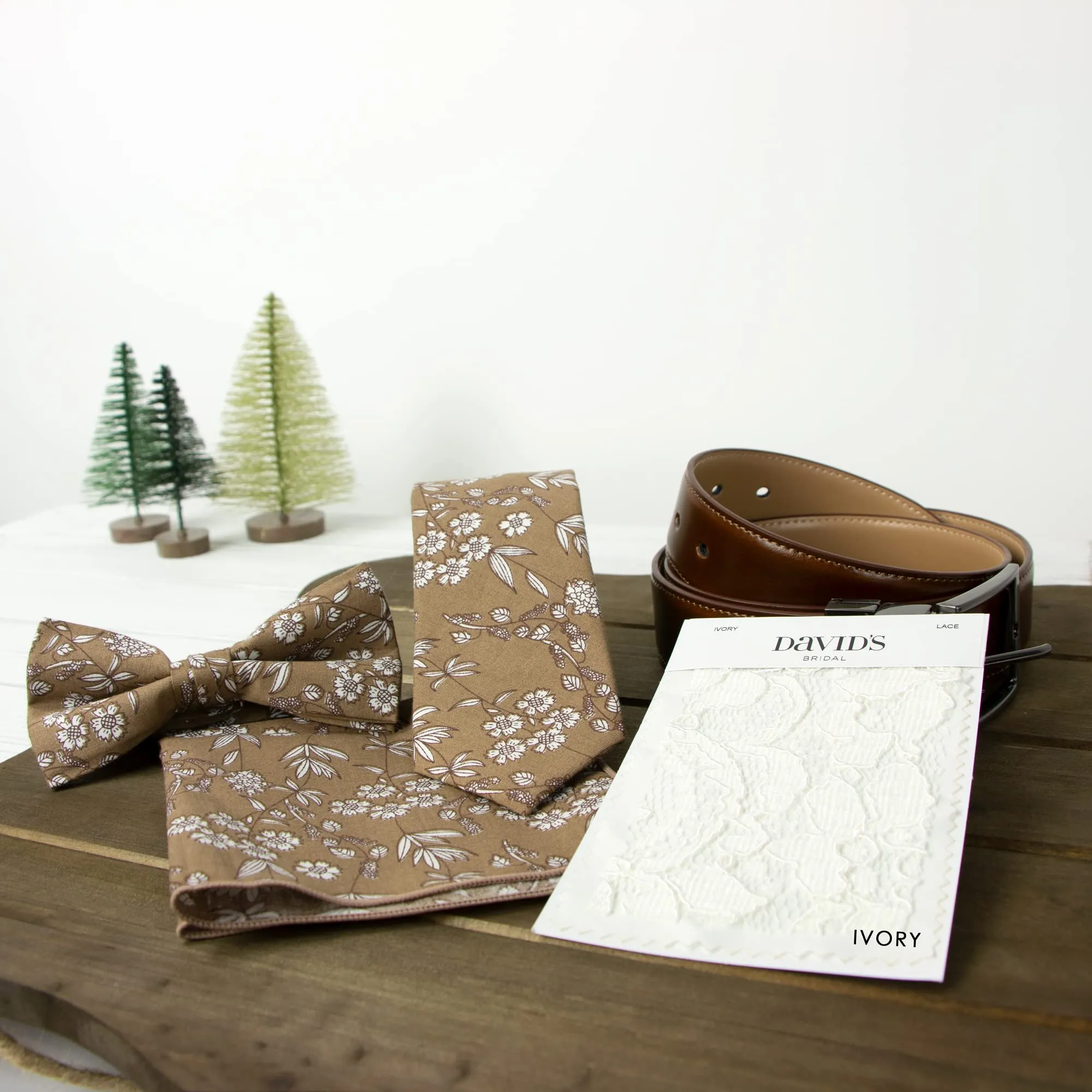 Boy's Cotton Floral Print Bow Tie and Pocket Square Set, Brown (Color F65)