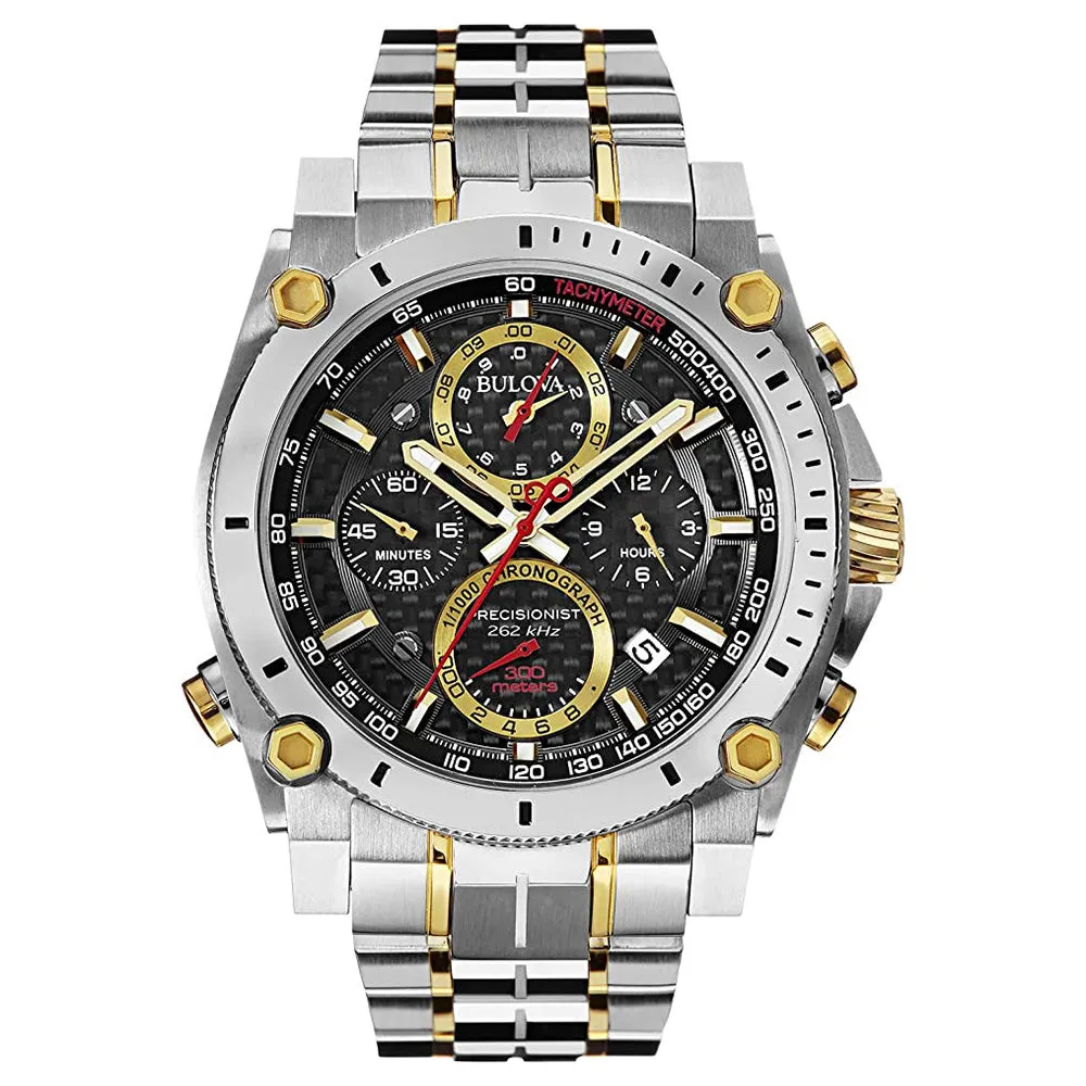 Bulova Men's Black Dial Silver Two Tone Stainless Steel Band Japanese Quartz Watch - 98B228