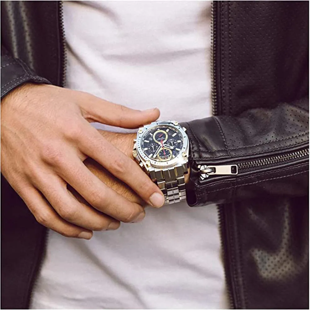 Bulova Men's Black Dial Silver Two Tone Stainless Steel Band Japanese Quartz Watch - 98B228