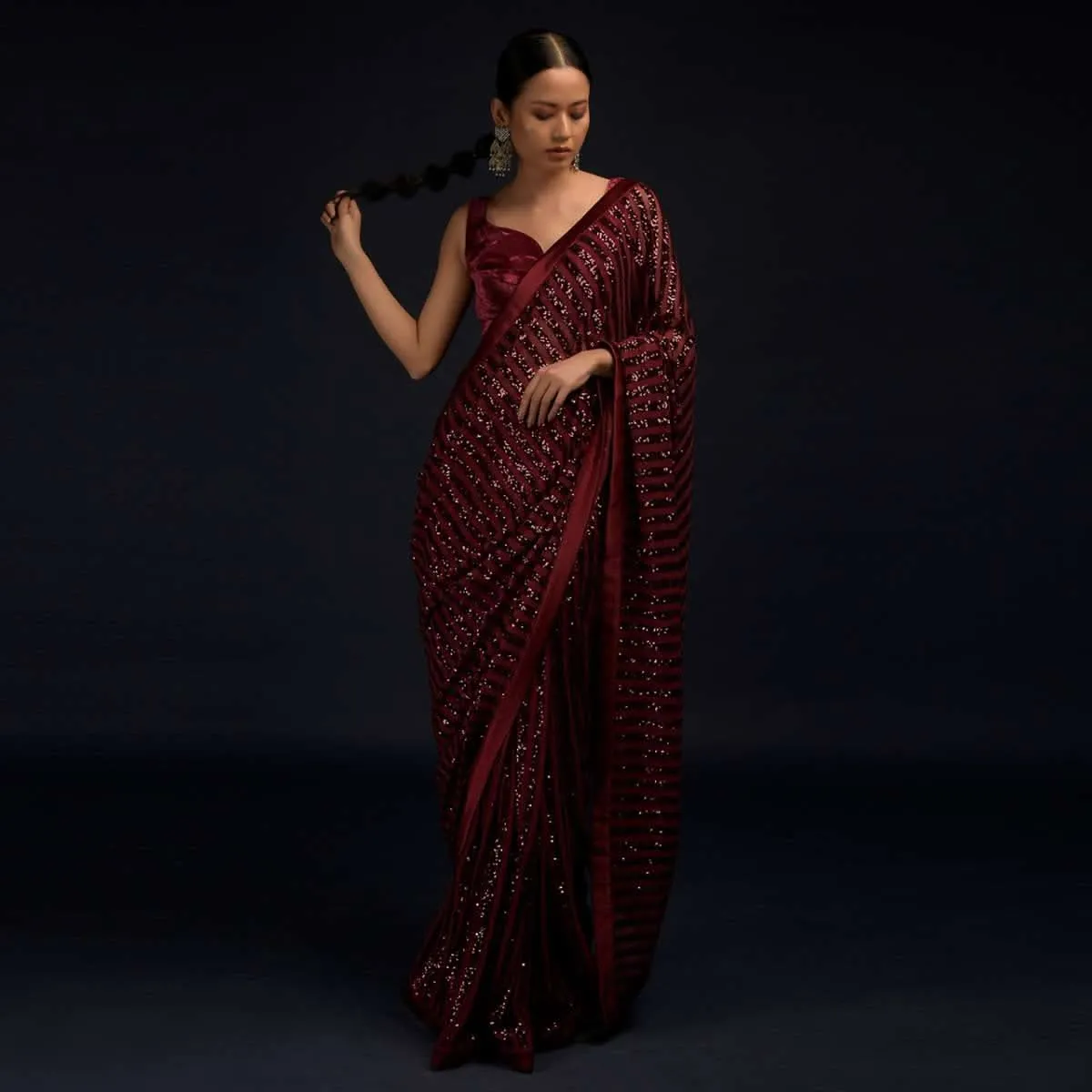 Burgundy Red Ready Pleated Saree In Net With Sequin Embellished Stripes And Matching Velvet Crop Top