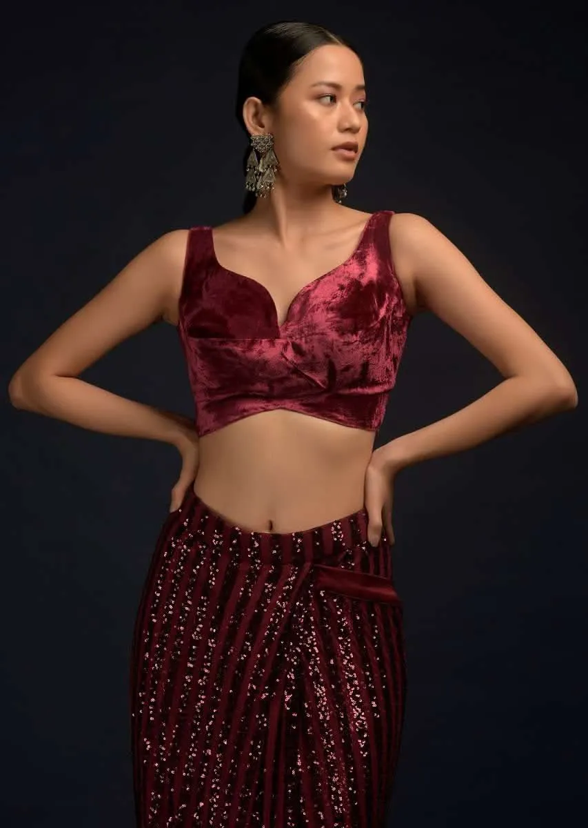 Burgundy Red Ready Pleated Saree In Net With Sequin Embellished Stripes And Matching Velvet Crop Top