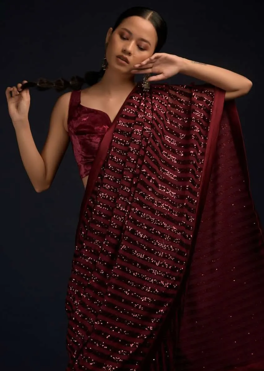 Burgundy Red Ready Pleated Saree In Net With Sequin Embellished Stripes And Matching Velvet Crop Top