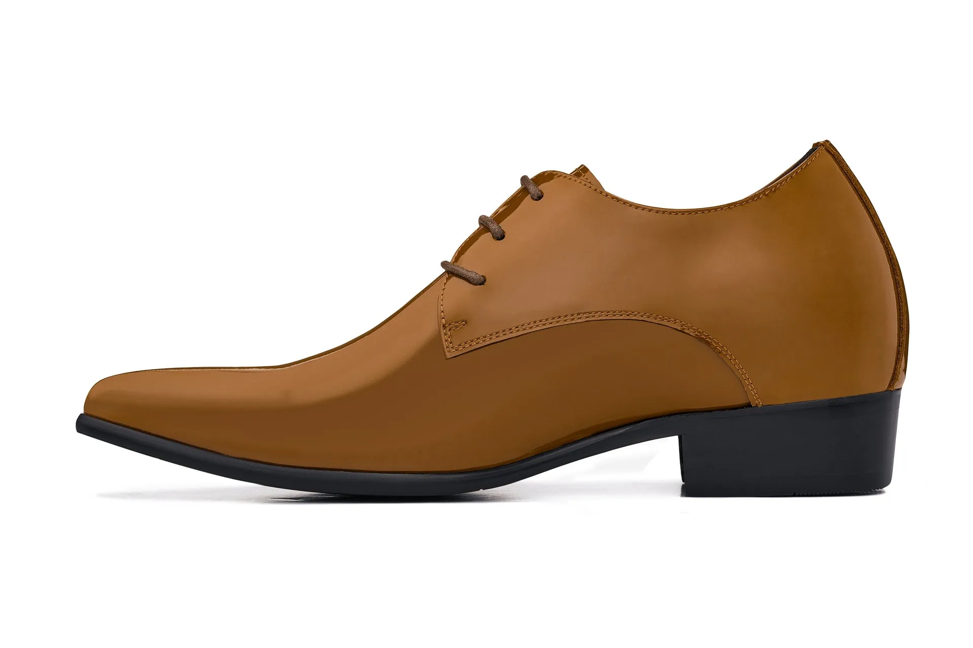 CALTO - K2728 - 2.8 Inches Taller (Light Brown) - Patent Leather Sharp Toe Dress Derbies - Lightweight