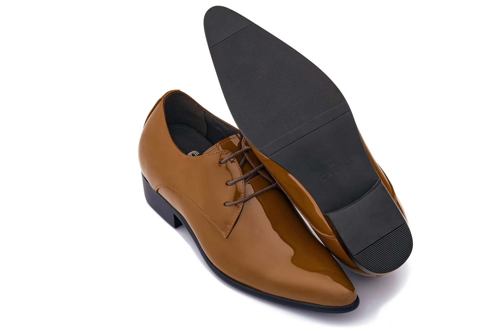 CALTO - K2728 - 2.8 Inches Taller (Light Brown) - Patent Leather Sharp Toe Dress Derbies - Lightweight