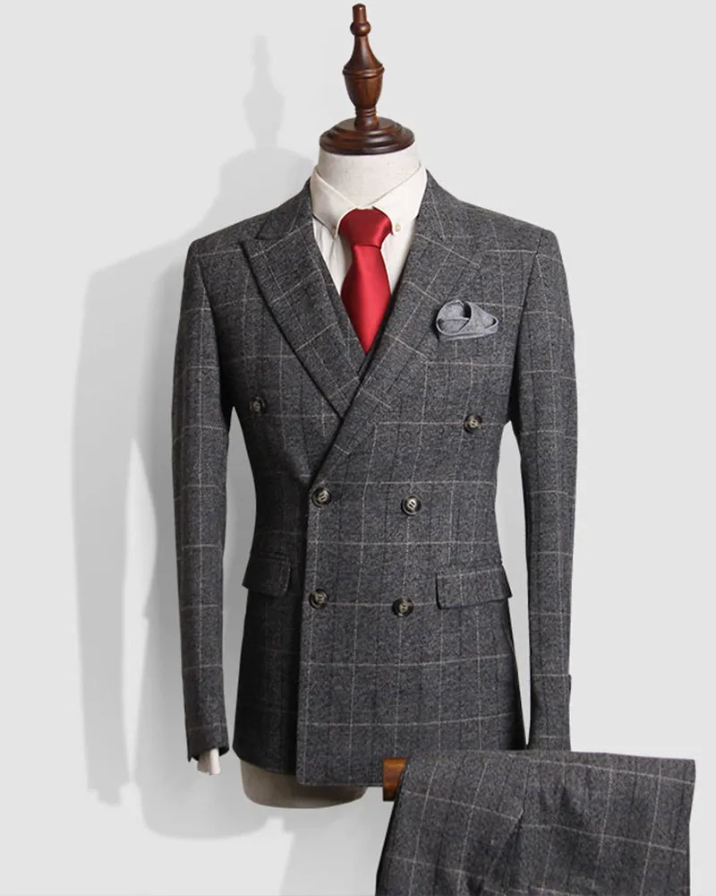 Classic 3 Pieces Peack Lepl Double Breast Plaid Checked Gray Formal Dress Suits for Men (Jacket  pants vest) CB011243