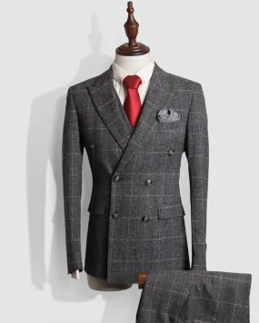 Classic 3 Pieces Peack Lepl Double Breast Plaid Checked Gray Formal Dress Suits for Men (Jacket  pants vest) CB011243