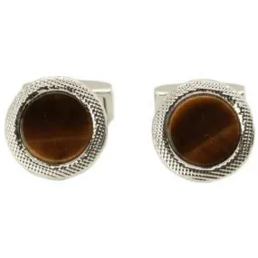 David Van Hagen Tiger Eye Round Cufflinks - Brown/Silver