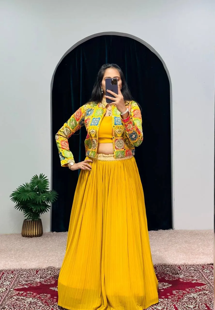 Designer Yellow Color 3 Piech indo Western outfit Lehenga With Koti And blouse Speciel haldi