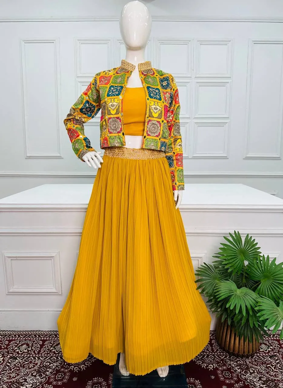 Designer Yellow Color 3 Piech indo Western outfit Lehenga With Koti And blouse Speciel haldi