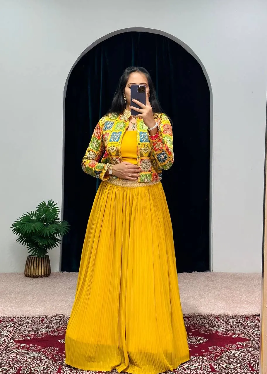 Designer Yellow Color 3 Piech indo Western outfit Lehenga With Koti And blouse Speciel haldi