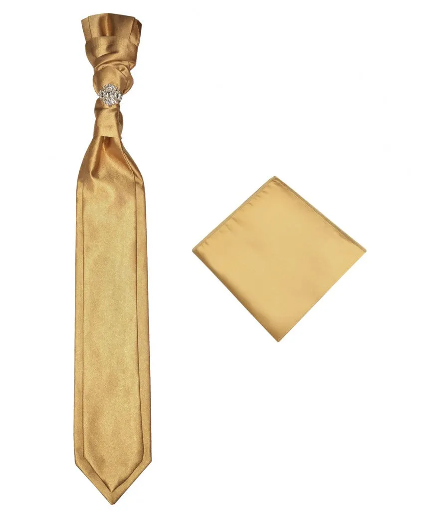 Gold Pre-Tied Necktie Cravat with Sliver Diamonds Ring and Handkerchief Set