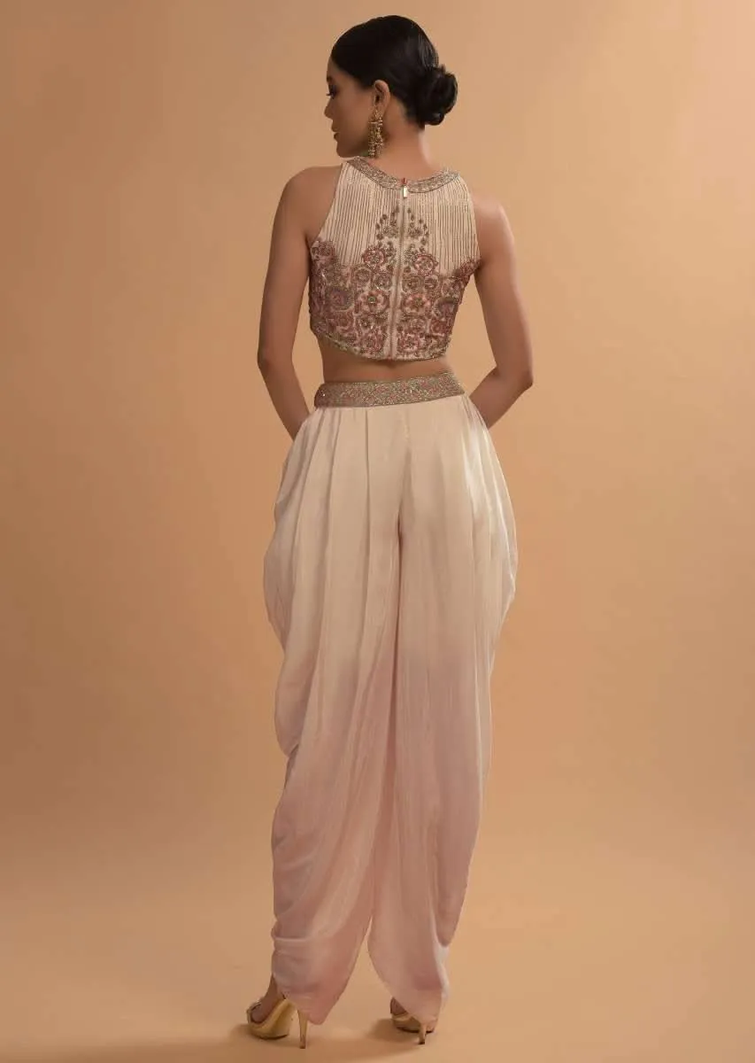 Ivory Tulip Dhoti And Crop Top Set With Embossed Floral Embroidery And High Neckline