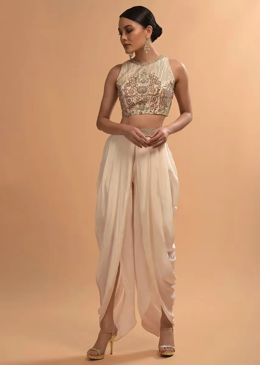 Ivory Tulip Dhoti And Crop Top Set With Embossed Floral Embroidery And High Neckline