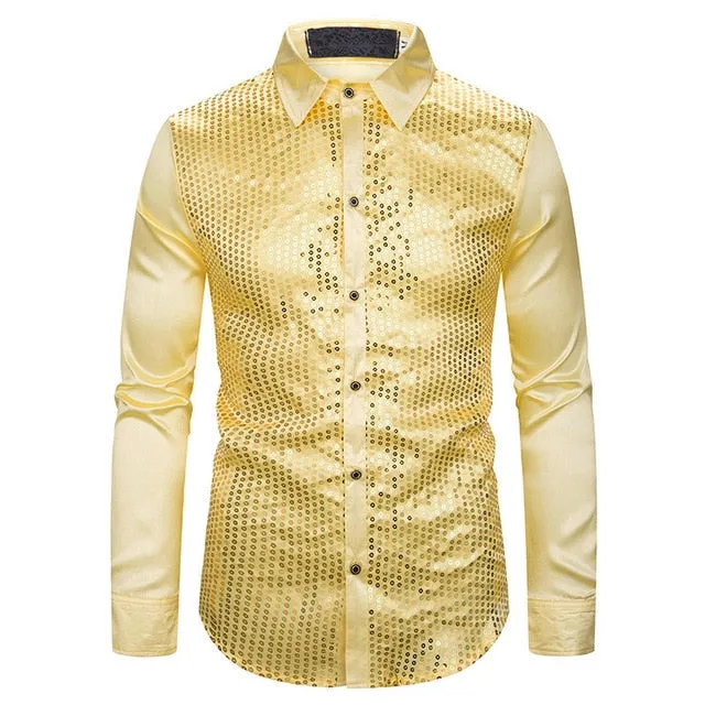 Lakis Designer Luxury Sequin Satin Long Sleeve Dress Shirt
