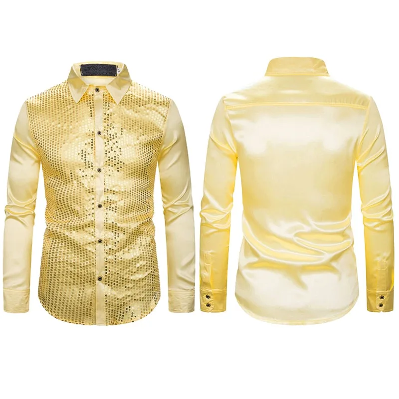 Lakis Designer Luxury Sequin Satin Long Sleeve Dress Shirt