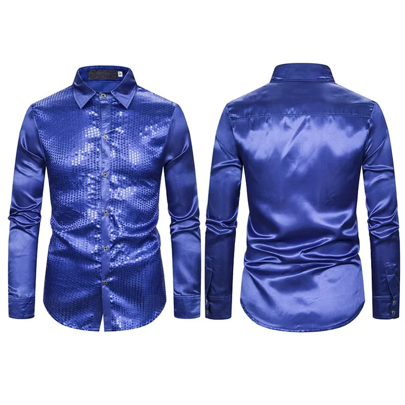 Lakis Designer Luxury Sequin Satin Long Sleeve Dress Shirt