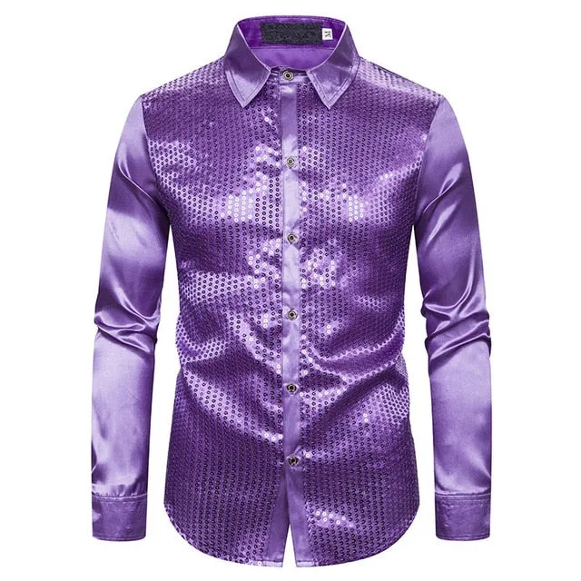 Lakis Designer Luxury Sequin Satin Long Sleeve Dress Shirt