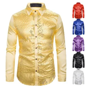 Lakis Designer Luxury Sequin Satin Long Sleeve Dress Shirt