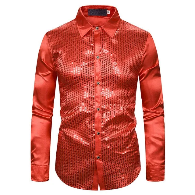 Lakis Designer Luxury Sequin Satin Long Sleeve Dress Shirt